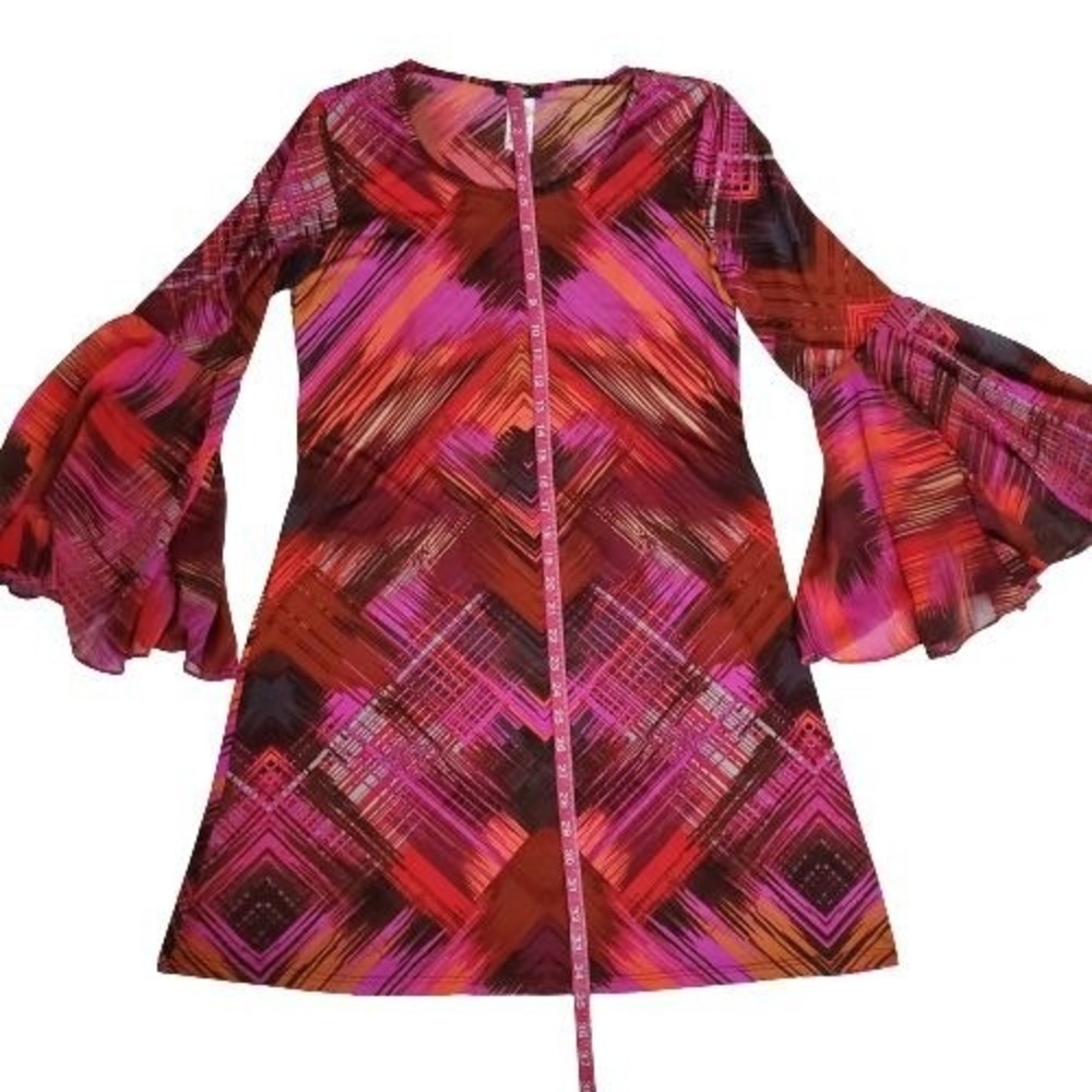 MSK Women's Pink Red Orange Print Sheer Bell Sleeve Cocktail Dress Size Medium - Picture 10 of 11